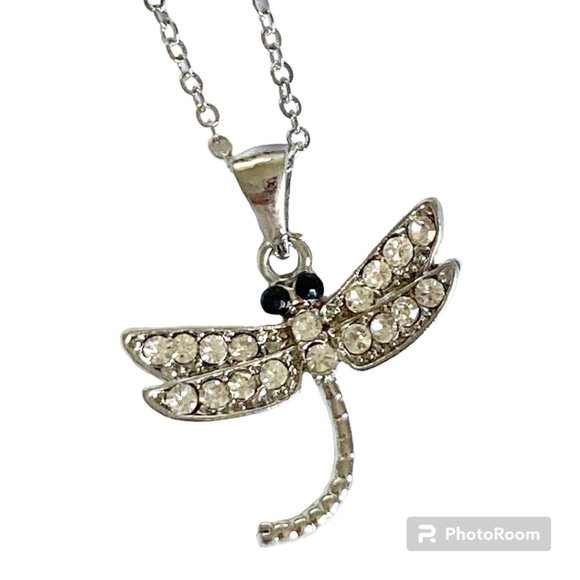 Dragonfly Necklace Crystal Silver Plated Pendant Insect Bug Sparkly 16-18" Chain - Picture 3 of 10